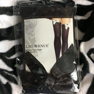 LEG AVENUE #6255 Opaque Blk Thigh Highs w/ Blk  Satin Bow NWT NOS